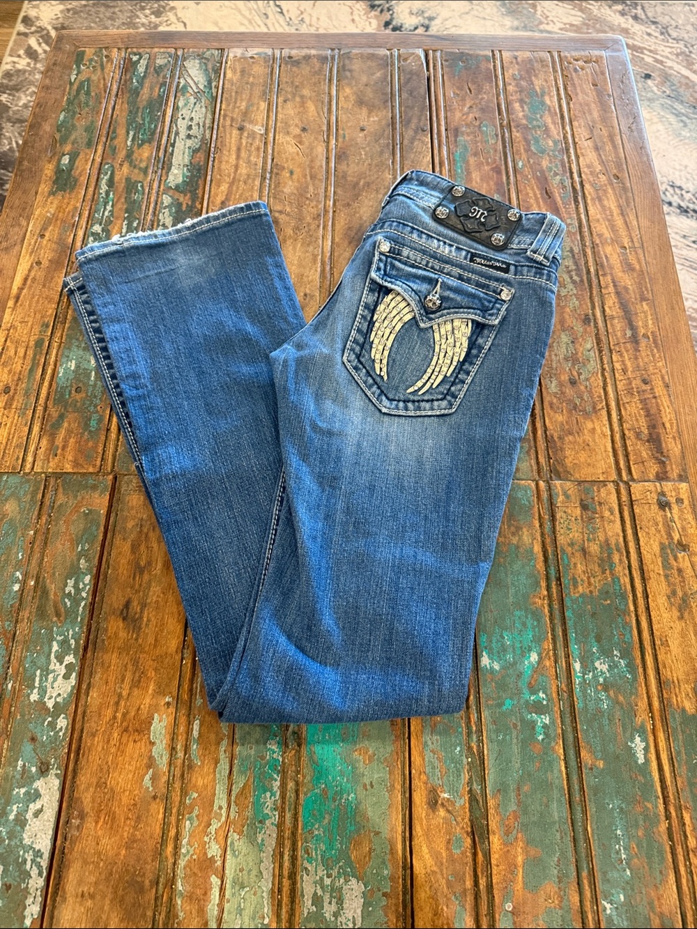 Miss Me Blue Boot Cut Jeans with Embroidered Wing Pocket